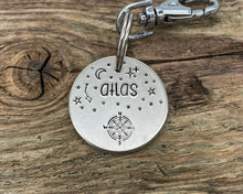 Load image into Gallery viewer, Metal dog id tag, hand stamped with compass &amp; stars
