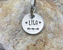 Load image into Gallery viewer, Cat name tag, hand stamped with hearts
