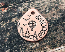 Load image into Gallery viewer, Cute small dog tag, tear drop pet id tag with hot air balloon and tree design, 2 phone numbers
