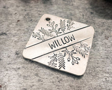 Load image into Gallery viewer, Metal dog tag, hand stamped square boy dog tag with foliage design
