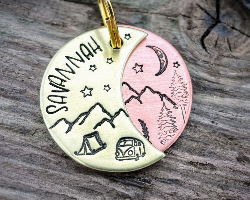 Moon dog tag, hand stamped with adventure design, moon, stars & trees