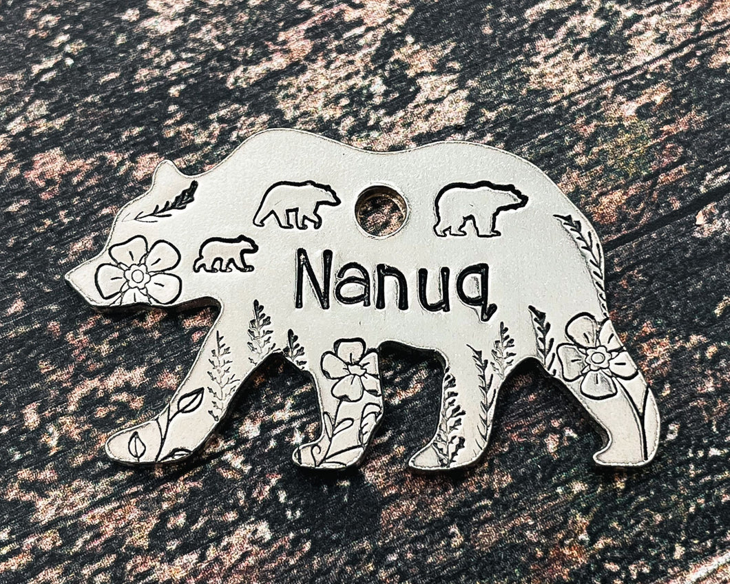 Bear dog id tag with cute bear family, hand-stamped double-sided dog id tag with phone number