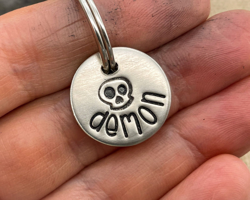 Skull cat name tag, hand stamped with skull