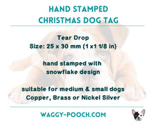 Load image into Gallery viewer, Christmas dog tag, tear drop pet id tag with snowflake design, up to 2 phone numbers
