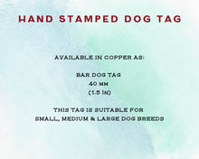 Load image into Gallery viewer, Bar tag, pet id tag, hand stamped with nautical design and &#39;chipped &amp; loved&#39;
