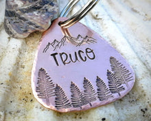 Load image into Gallery viewer, Guitar pick dog tag, hand stamped with mountains &amp; trees
