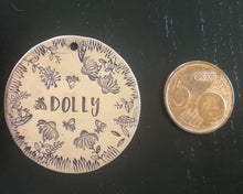 Load image into Gallery viewer, Large dog id tag, hand stamped with flower design &amp; bees
