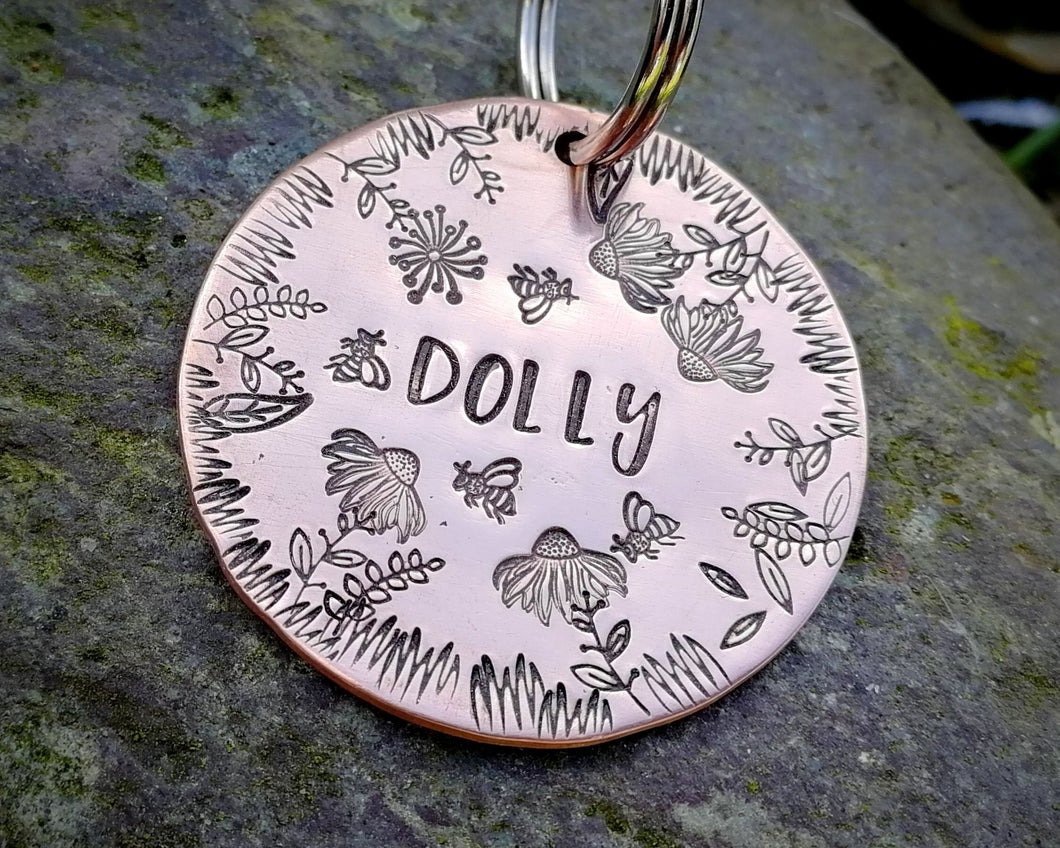 Large dog id tag, hand stamped with flower design & bees