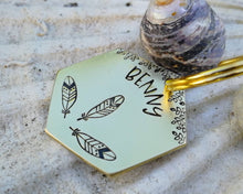 Load image into Gallery viewer, Hexagon dog tag, hand stamped with boho design &amp; feathers

