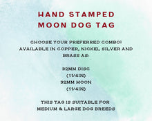 Load image into Gallery viewer, Dog id tag, crescent moon with stars, handstamped
