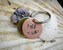 Load image into Gallery viewer, Cat id tag, hand stamped with feather design
