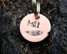 Load image into Gallery viewer, Cat id tag, hand stamped with feather design
