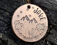 Load image into Gallery viewer, Dog id tag, hand stamped with cactus design &amp; mountains
