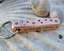 Load image into Gallery viewer, Bar tag, pet id tag, hand stamped with moon &amp; stars
