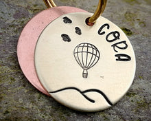 Load image into Gallery viewer, Small pet id tag, hand stamped withlandscape design &amp; balloon
