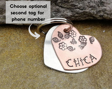 Load image into Gallery viewer, Small dog tag, hand stamped heart with flower design
