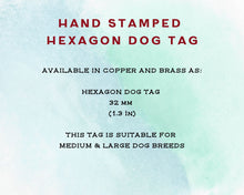 Load image into Gallery viewer, Hexagon dog tag, hand stamped with boho design &amp; feathers
