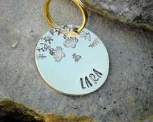 Load image into Gallery viewer, Dog tag, hand stamped with flowers &amp; bee
