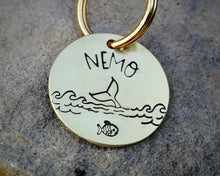 Load image into Gallery viewer, Small dog id tag, hand stamped with ocean design, fish &amp; whale
