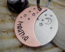 Load image into Gallery viewer, Dog id tag, crescent moon with stars, handstamped
