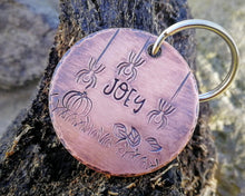Load image into Gallery viewer, Halloween dog tag, hand stamped with spooky design &amp; pumpkin
