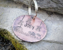 Load image into Gallery viewer, Halloween dog tag, hand stamped with spooky design &amp; pumpkin
