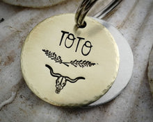 Load image into Gallery viewer, Small pet id tag, hand stamped with longhorn design
