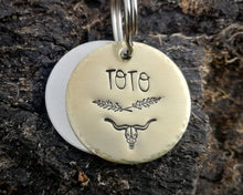 Load image into Gallery viewer, Small pet id tag, hand stamped with longhorn design
