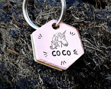 Load image into Gallery viewer, Hexagon cat id tag, hand stamped with unicorn design
