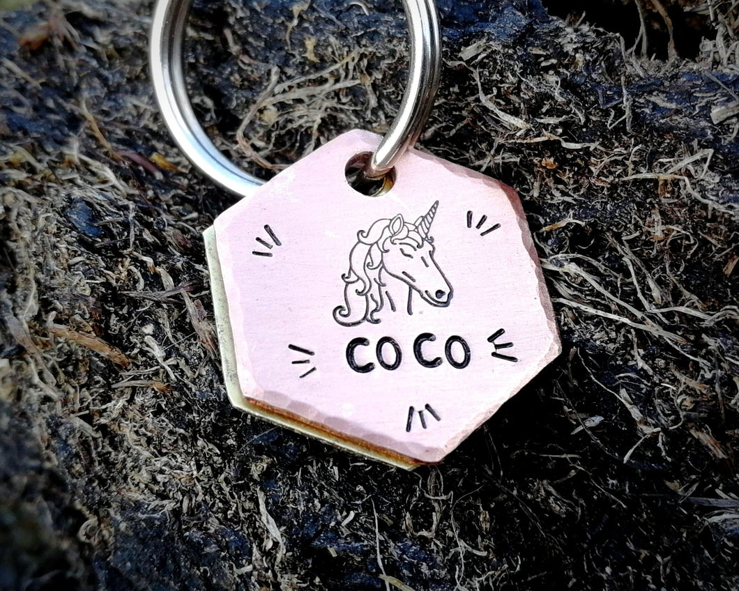 Hexagon cat id tag, hand stamped with unicorn design