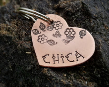 Load image into Gallery viewer, Small dog tag, hand stamped heart with flower design
