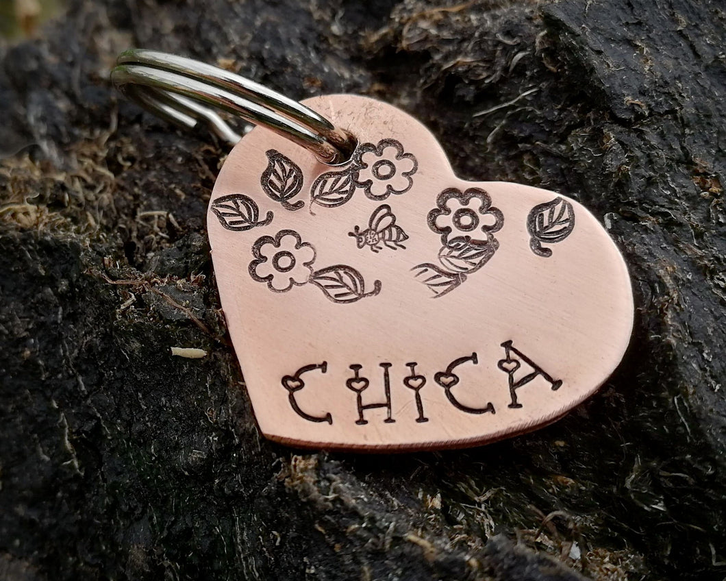 Small dog tag, hand stamped heart with flower design