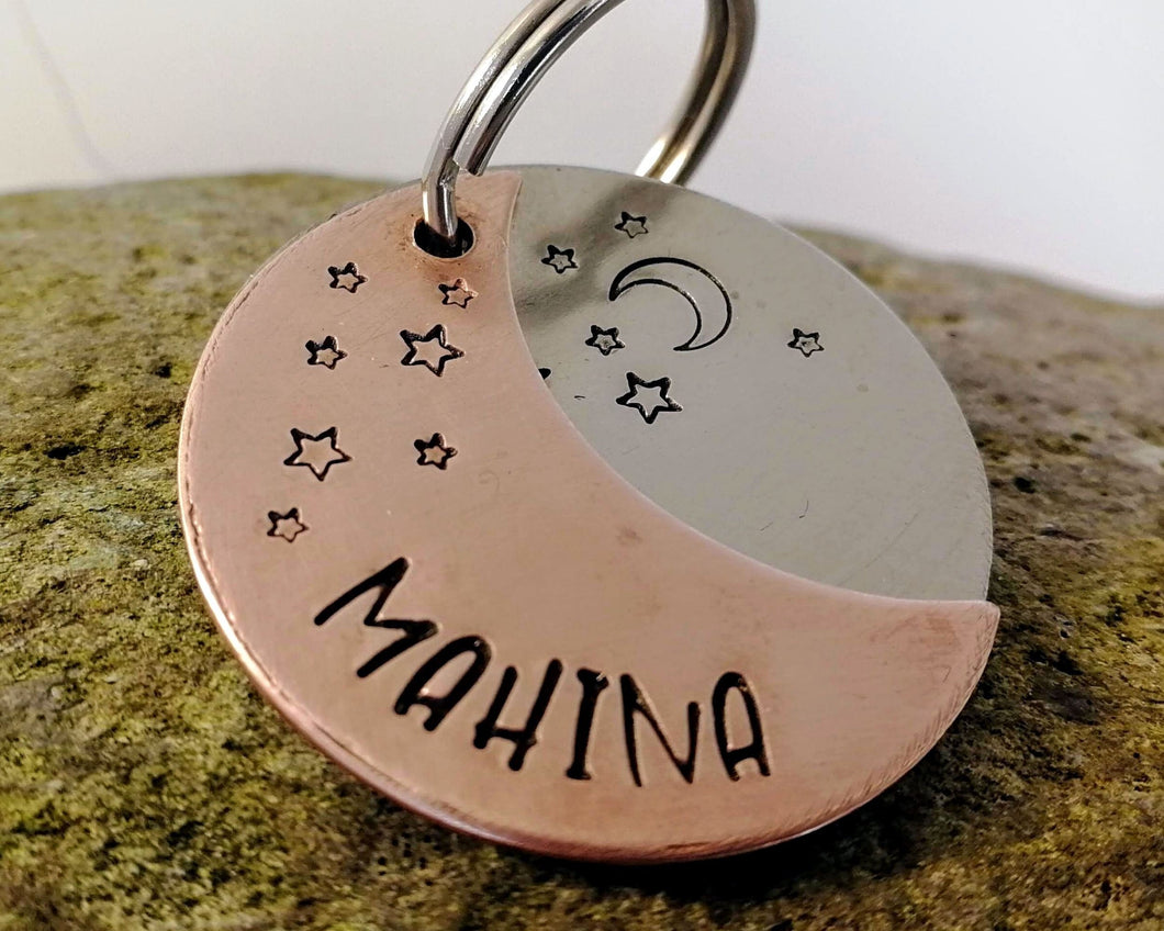Dog id tag, crescent moon with stars, handstamped