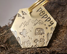 Load image into Gallery viewer, Hexagon dog id tag, hand stamped with adventure design, cactus &amp; camper van
