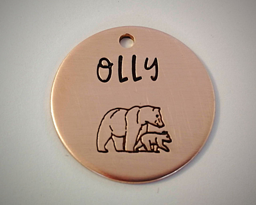 Small pet id tag, handstamped with mama bear design