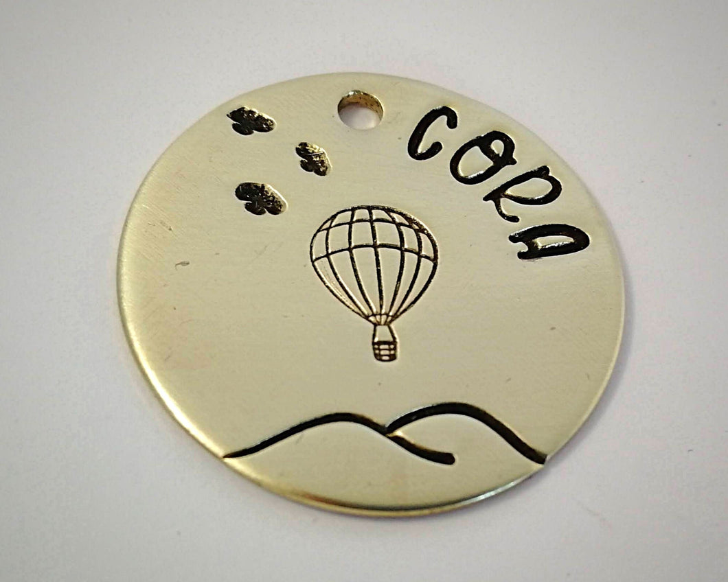 Small pet id tag, hand stamped withlandscape design & balloon
