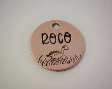 Load image into Gallery viewer, Cat name tag, hand stamped with cute dino
