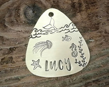 Load image into Gallery viewer, Guitar pick dog id tag, hand stamped with ocean design &amp; whale

