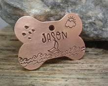 Load image into Gallery viewer, Bone dog tag, hand stamped with ocean design

