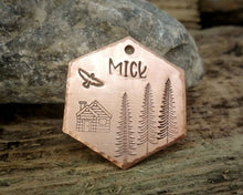 Load image into Gallery viewer, Hexagon dog name tag, handstamped with cabin &amp; trees

