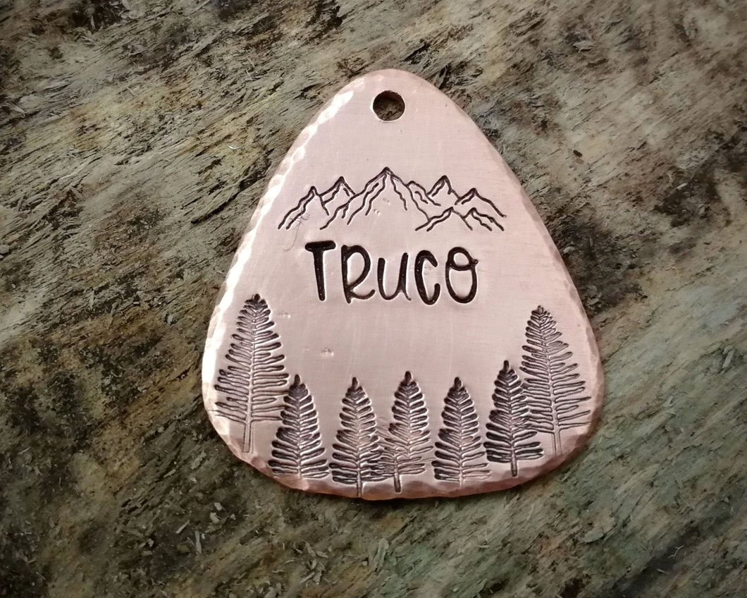 Guitar pick dog tag, hand stamped with mountains & trees
