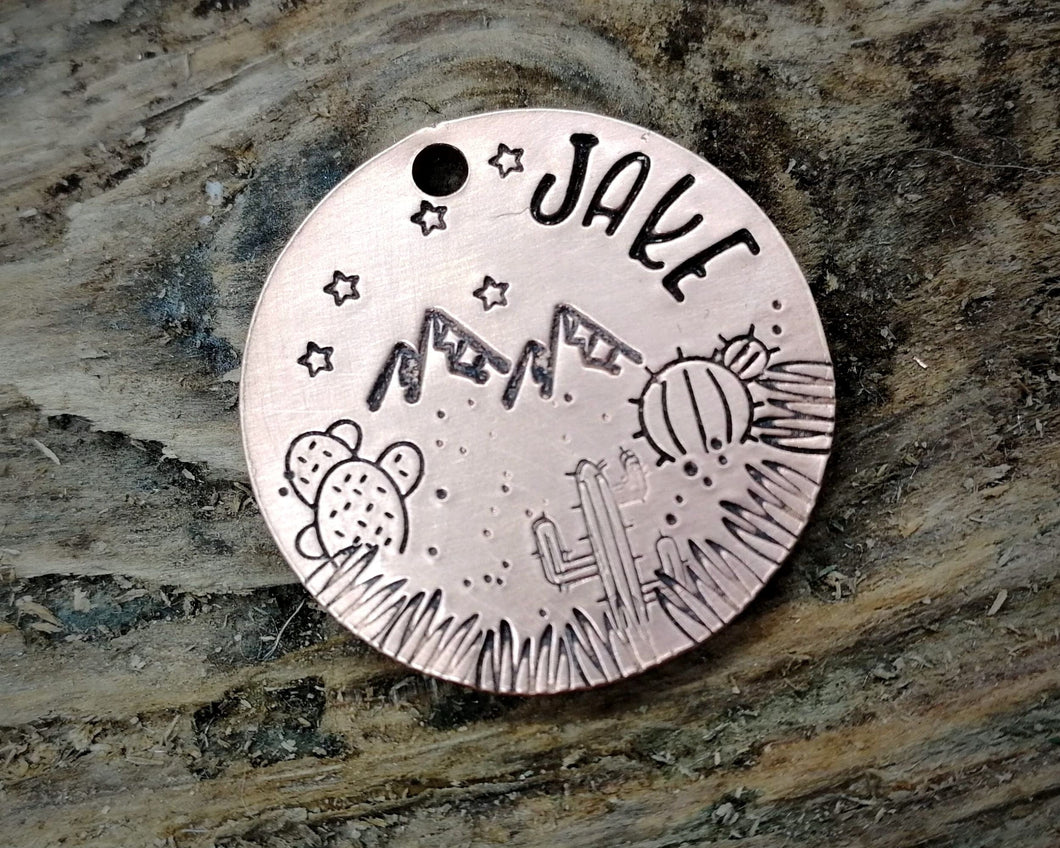 Dog id tag, hand stamped with cactus design & mountains