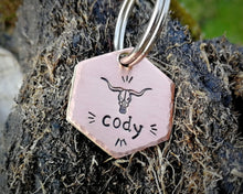 Load image into Gallery viewer, Hexagon cat id tag, hand stamped with longhorn design
