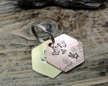 Load image into Gallery viewer, Small hexagon dog id tag, hand stamped with flower design, cute bunny &amp; bee
