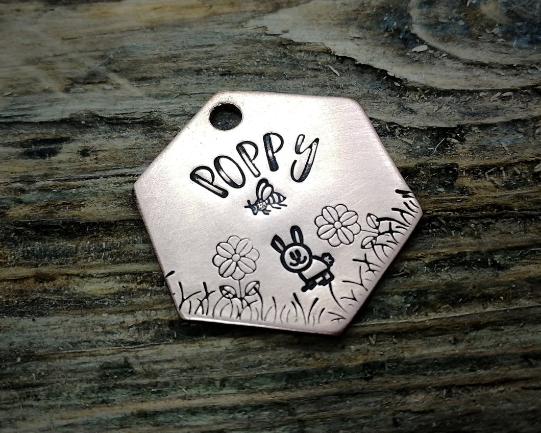 Small hexagon dog id tag, hand stamped with flower design, cute bunny & bee