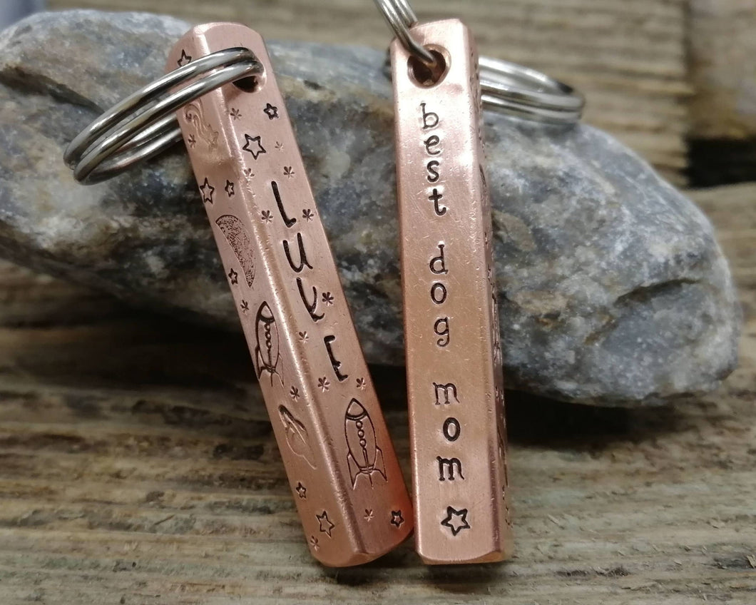 'Best dog mom' keychain & matching dog tag, hand stamped with spaceship design