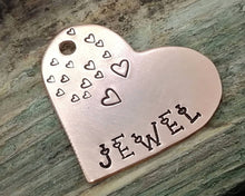 Load image into Gallery viewer, Medium dog name tag, hand stamped with hearts
