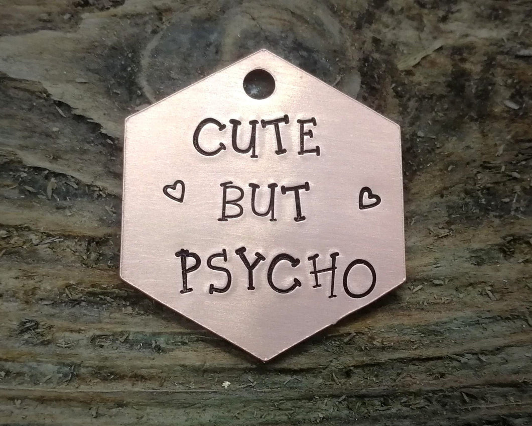 Hexagon dog tag, hand stamped with 'cute but psycho'