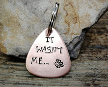 Load image into Gallery viewer, Guitar pick pet tag, hand stamped with &#39;It wasn&#39;t me&#39;
