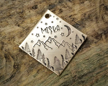 Load image into Gallery viewer, Square dog id tag, hand stamped with mountains, trees, moon &amp; stars
